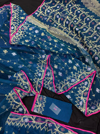 Peacock blue jamdani saree with golden silver copper jori work and pink border