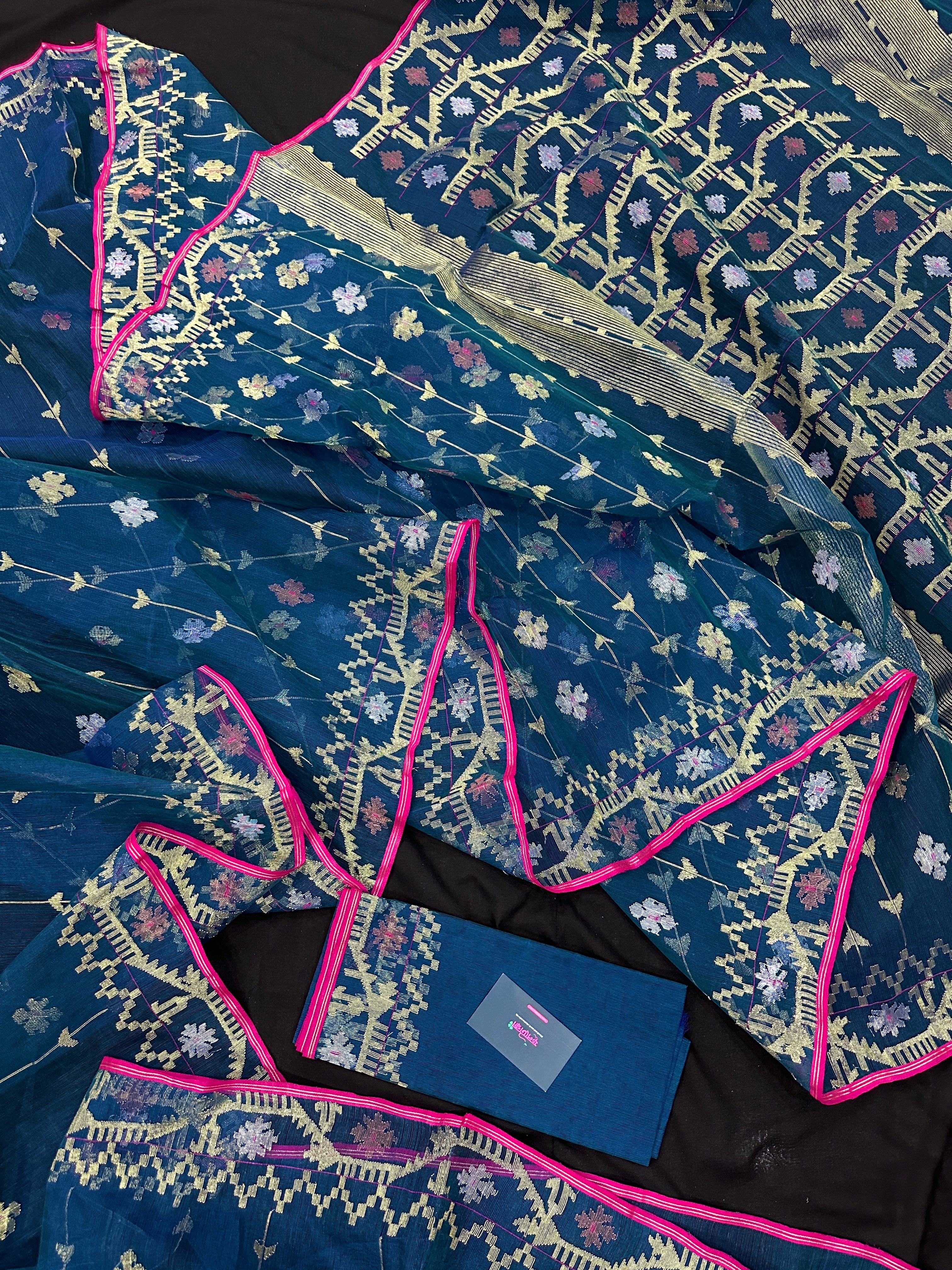 Peacock blue jamdani saree with golden silver copper jori work and pink border