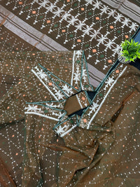Mehendi Brown Original Handloom Halfsilk Dhakai Jamdani Sarww With Silver Jori Work & Orange Threads Work