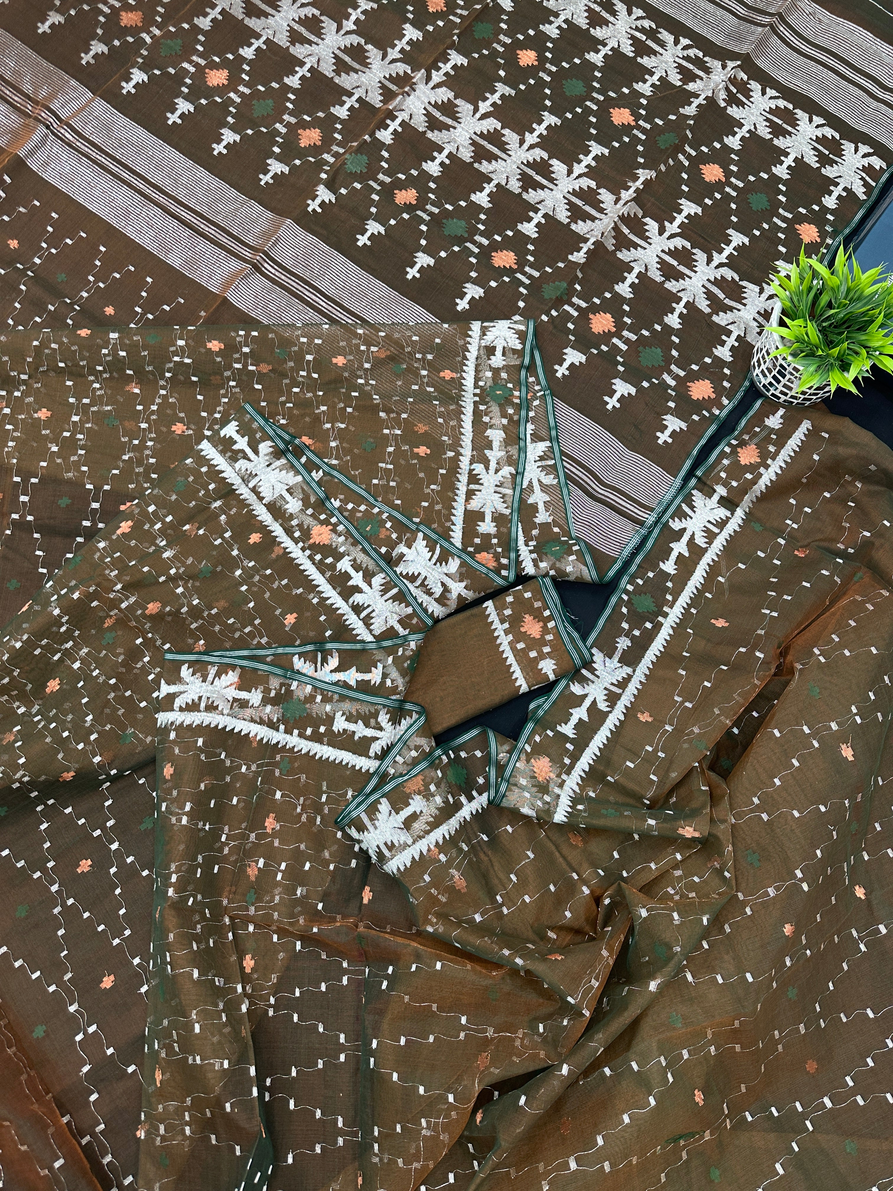 Mehendi Brown Original Handloom Halfsilk Dhakai Jamdani Sarww With Silver Jori Work & Orange Threads Work