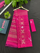 Magenta halfsilk jamdani saree with golden silver & copper jori work aslo green pink threads work