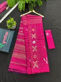 Magenta halfsilk jamdani saree with golden silver & copper jori work aslo green pink threads work