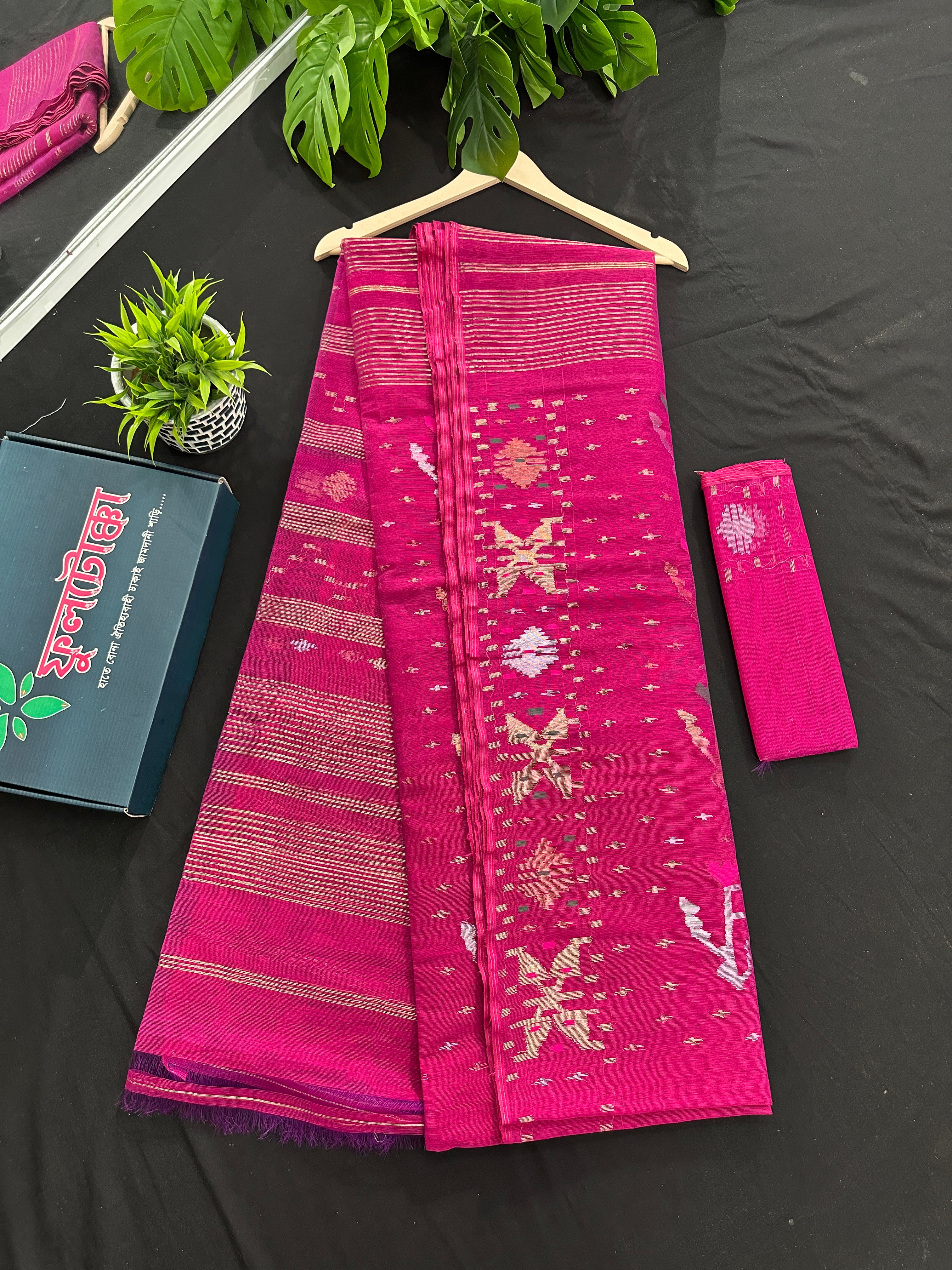 Magenta halfsilk jamdani saree with golden silver & copper jori work aslo green pink threads work