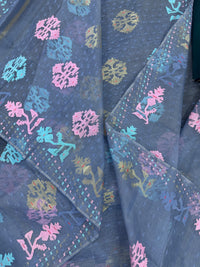 Powdery blue jamdani saree with pink blue and golden jori work.