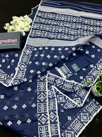 Deep blue jandani saree with white threads all over work.