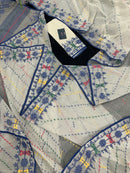 White cotton jamdani saree with blue yellow red green threads work& blouse piece.