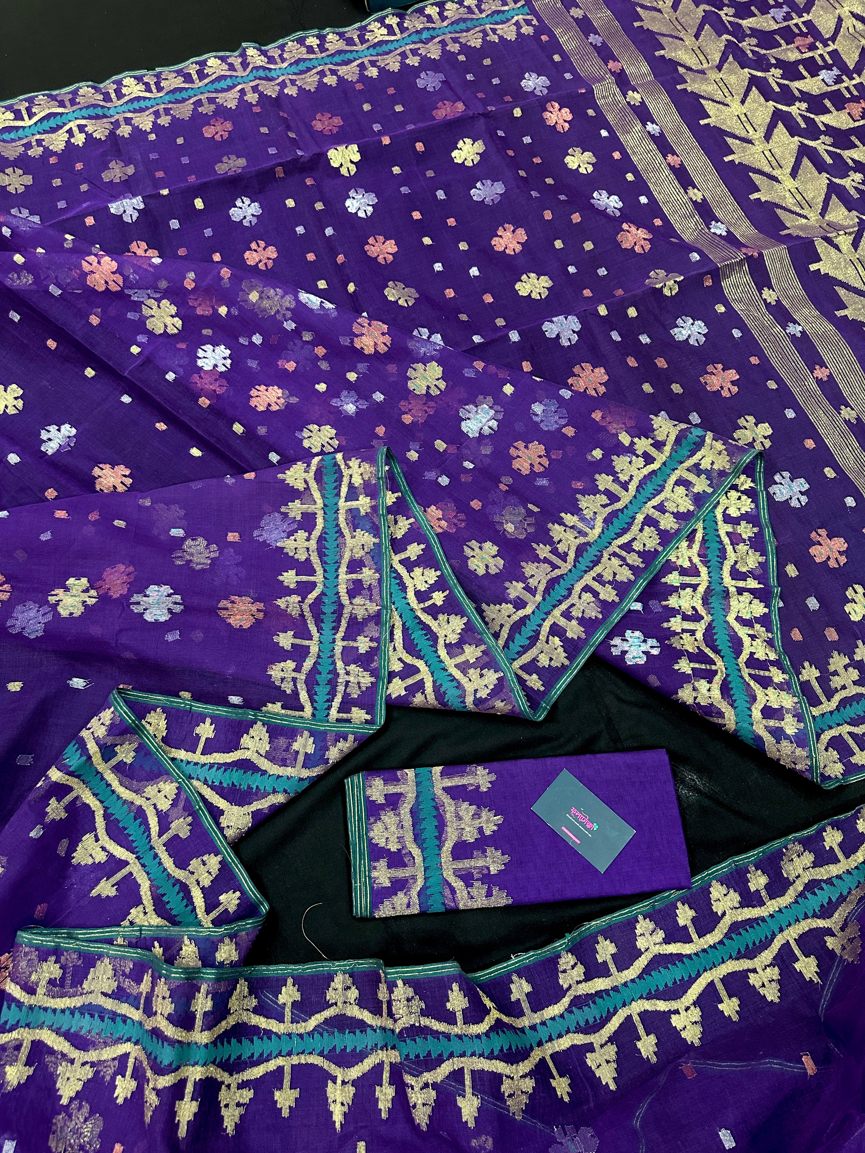 Violate purple jamdani saree all over golden silver and copper jori work.