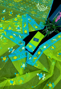 Parrot green jamdani saree with multi colour work with blue Paar.