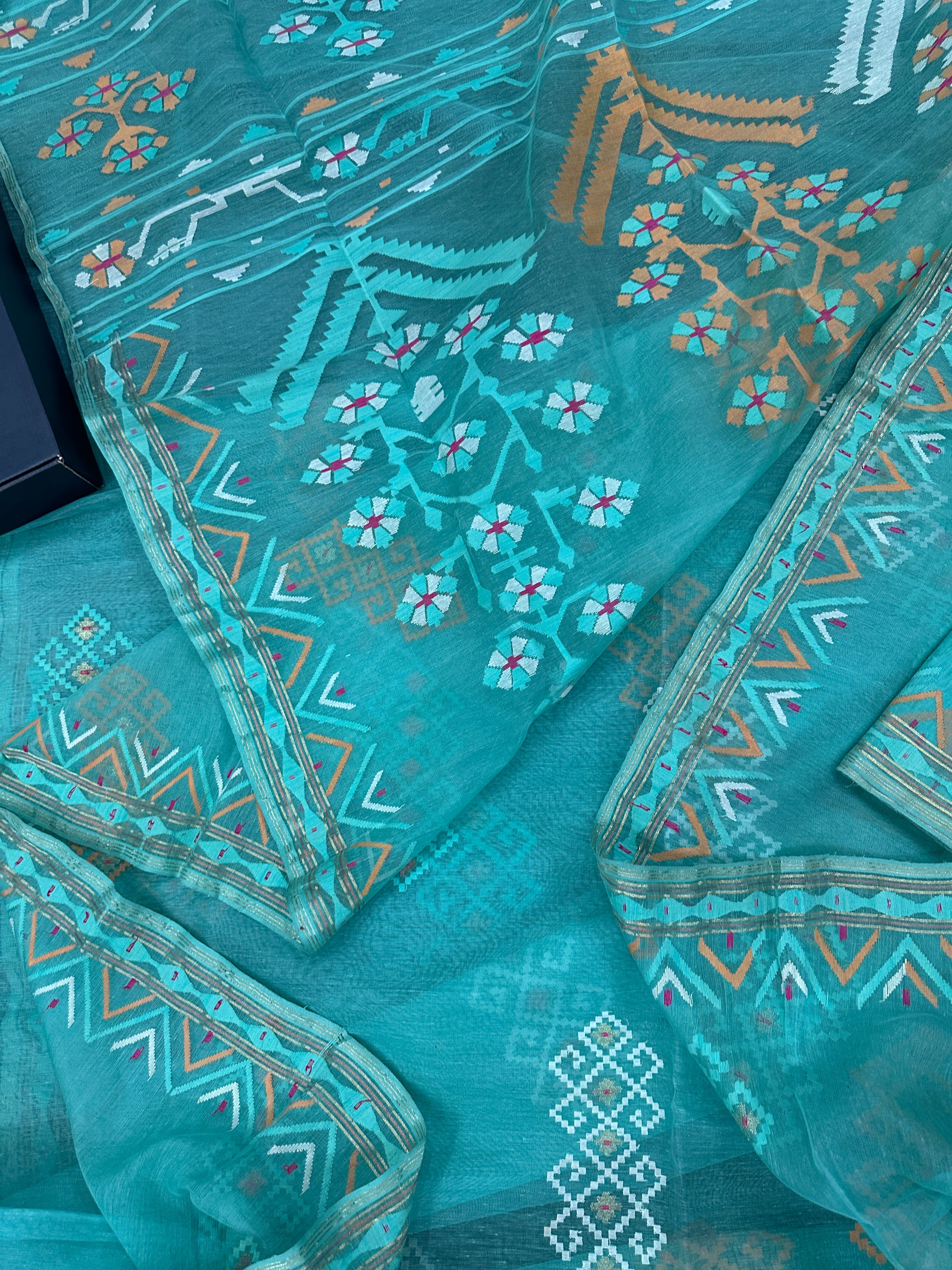 Ice blue exclusive halfsilk jamdani saree all over threads work