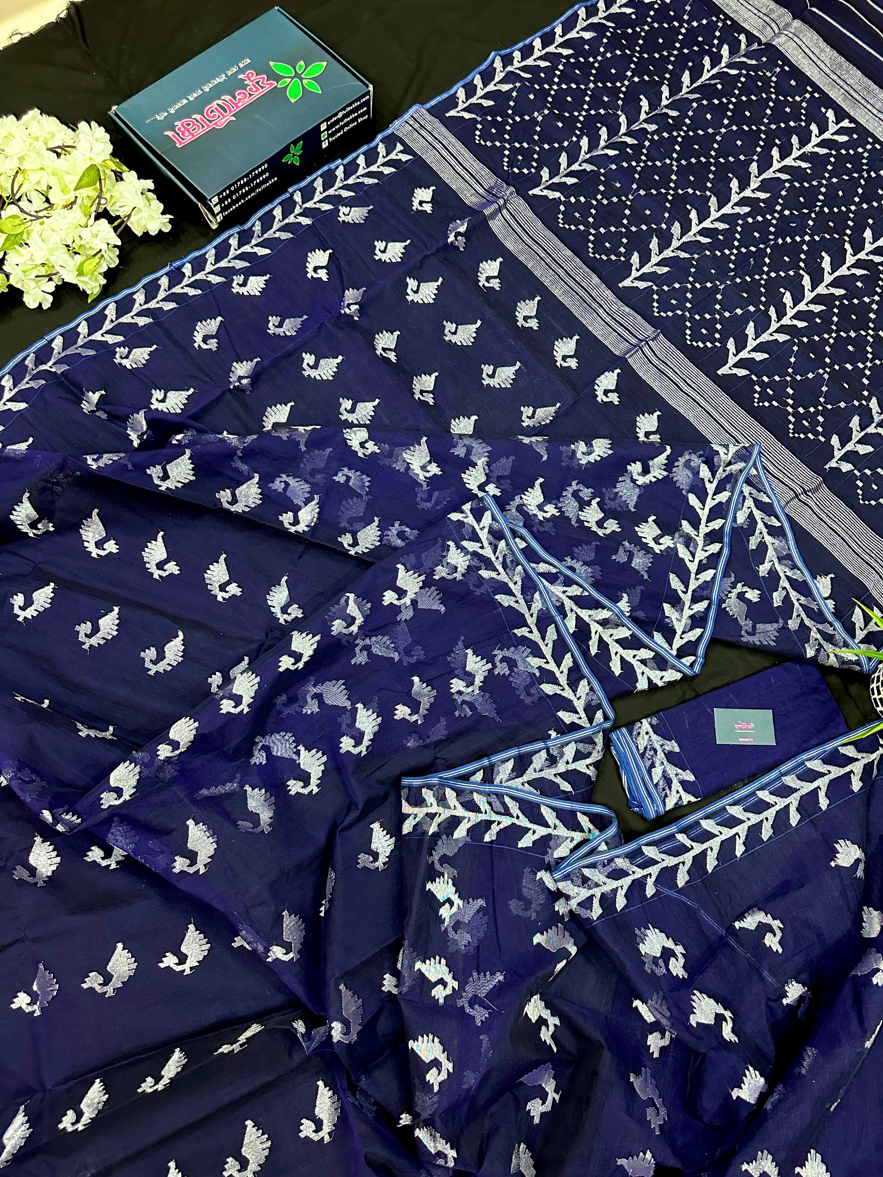 Navy blue jamdani saree with silver jori work soft threads all over work.