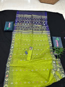 Olive halfsilk jamdani saree with golden silver & copper jori work and blue contrast paar