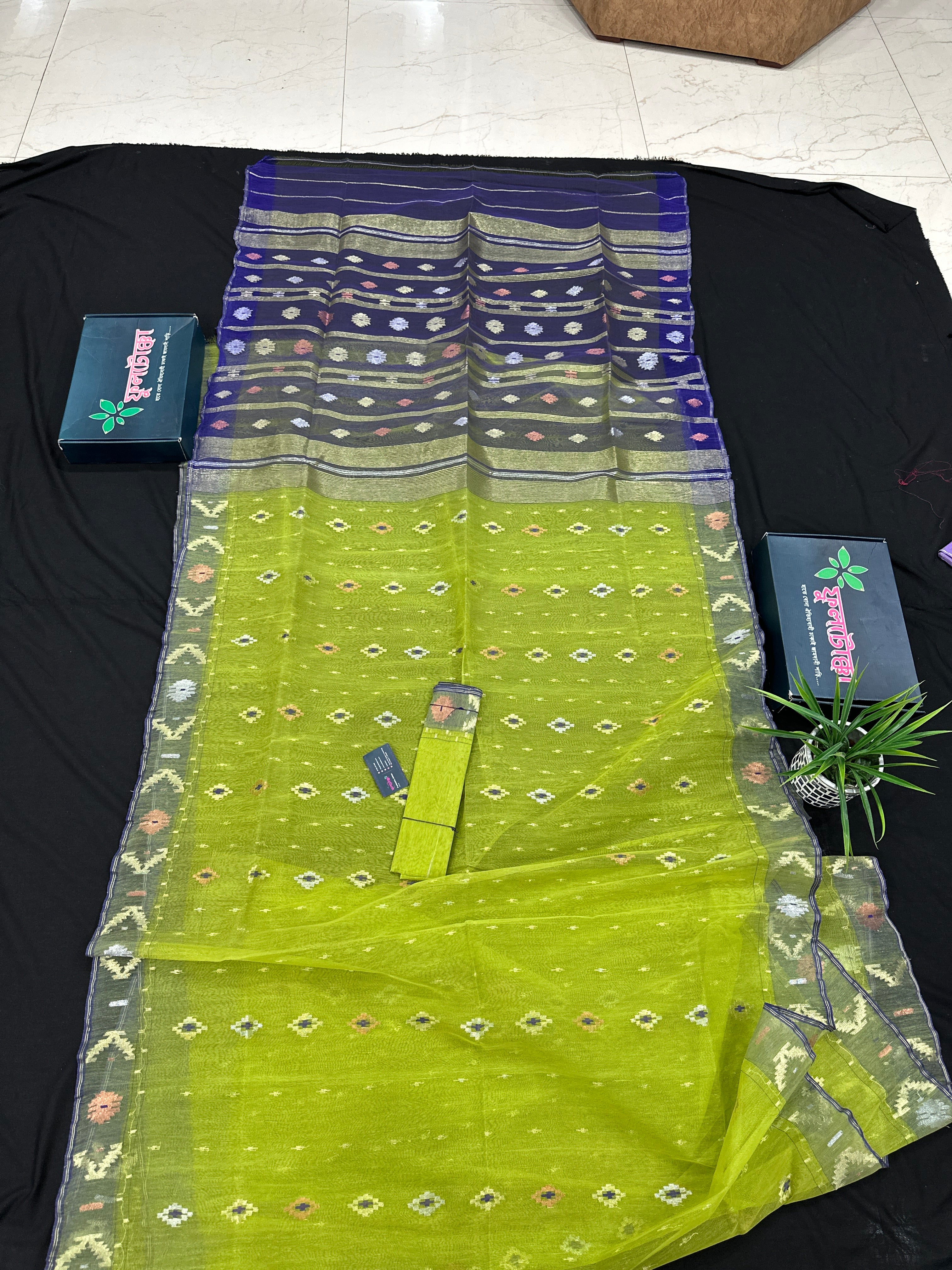 Olive halfsilk jamdani saree with golden silver & copper jori work and blue contrast paar
