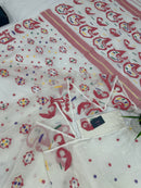 White cotton jamdani saree with multiple colour threads work and blouse piece.