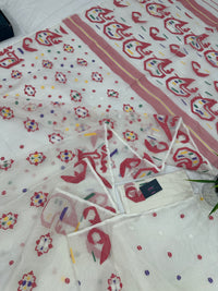 White cotton jamdani saree with multiple colour threads work and blouse piece.