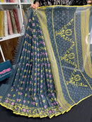 Ash blue cotton jamdani saree with yellow pink threads work