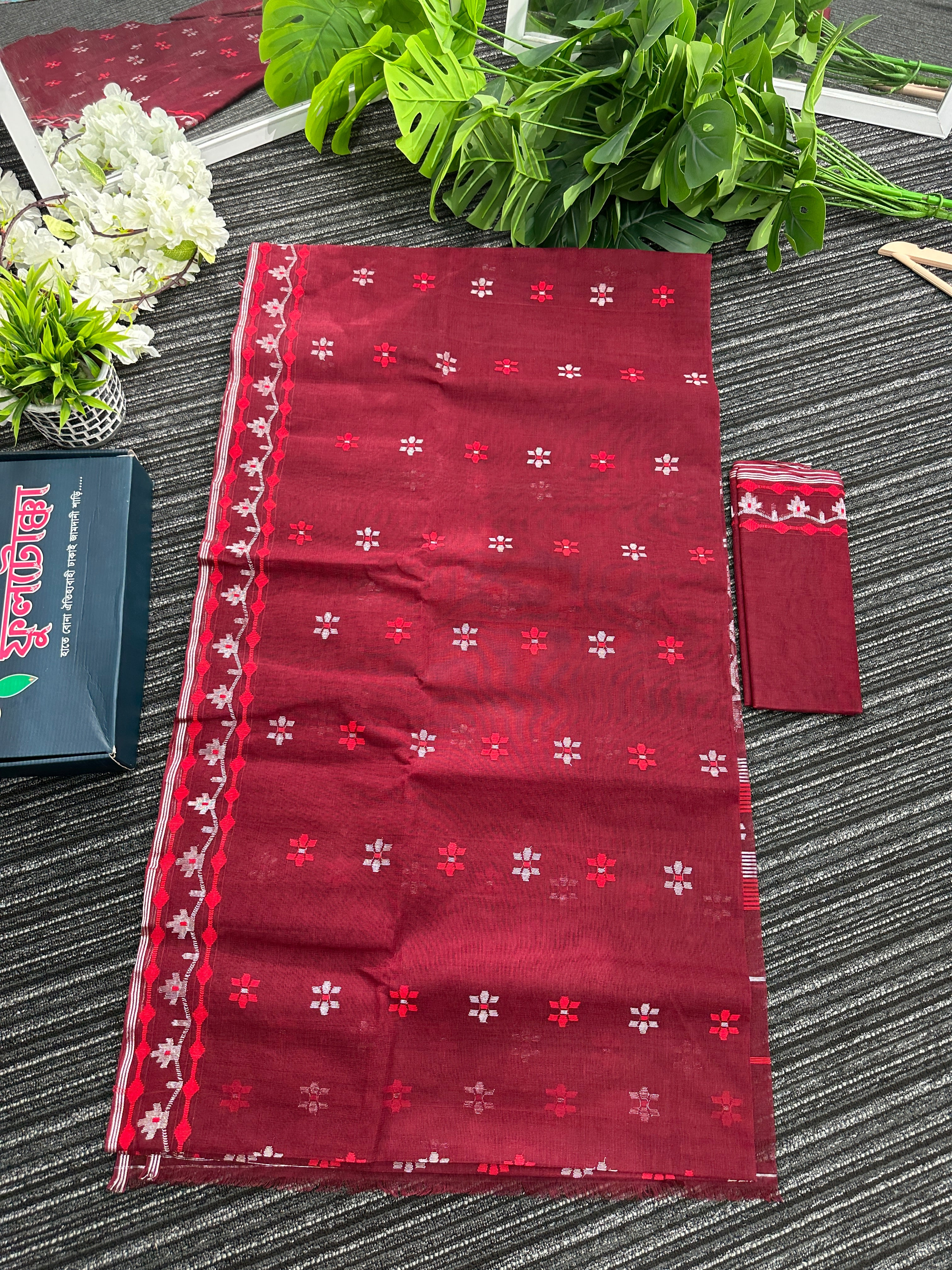 Maroon semi bridal cotton jamdani saree with silvery jori work maroon threads work