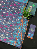 Purplish Blue dual toned jamdani saree with white pink blue threads work & blouse piece.