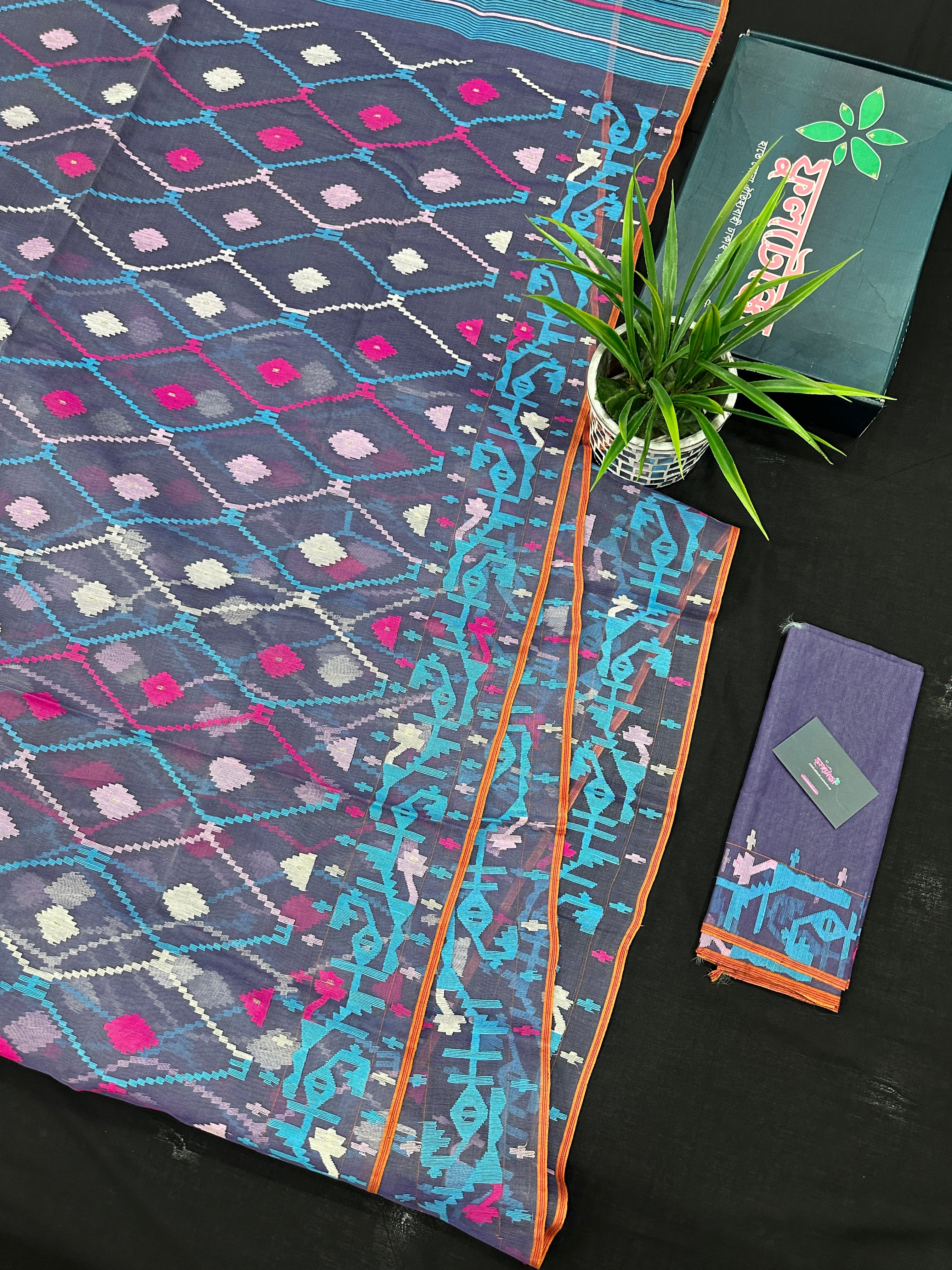 Purplish Blue dual toned jamdani saree with white pink blue threads work & blouse piece.