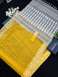 Yellow Original Handloom Halfsilk Dhakai Jamdani Saree With Self Threads Work & White Threads Work