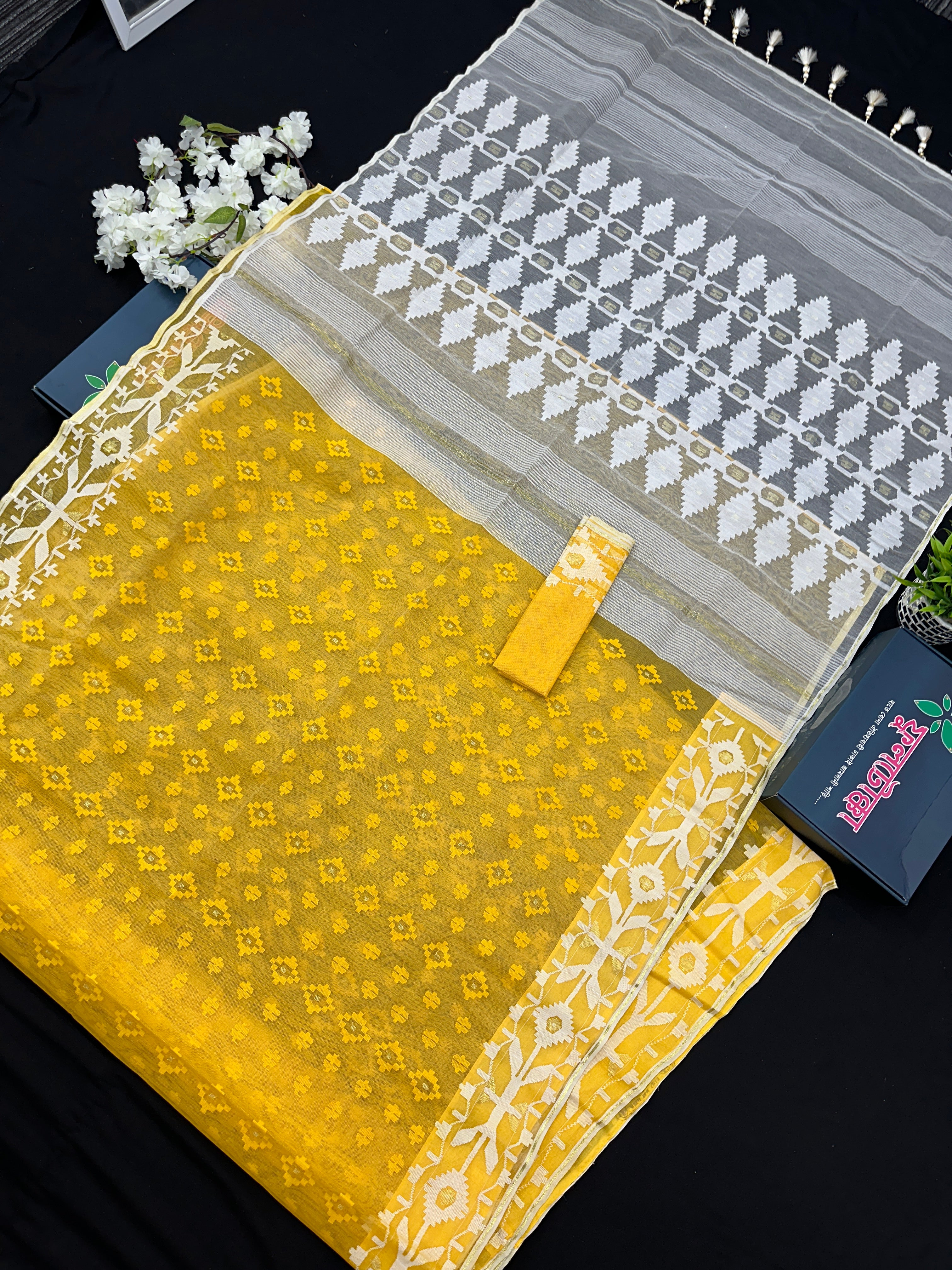 Yellow Original Handloom Halfsilk Dhakai Jamdani Saree With Self Threads Work & White Threads Work