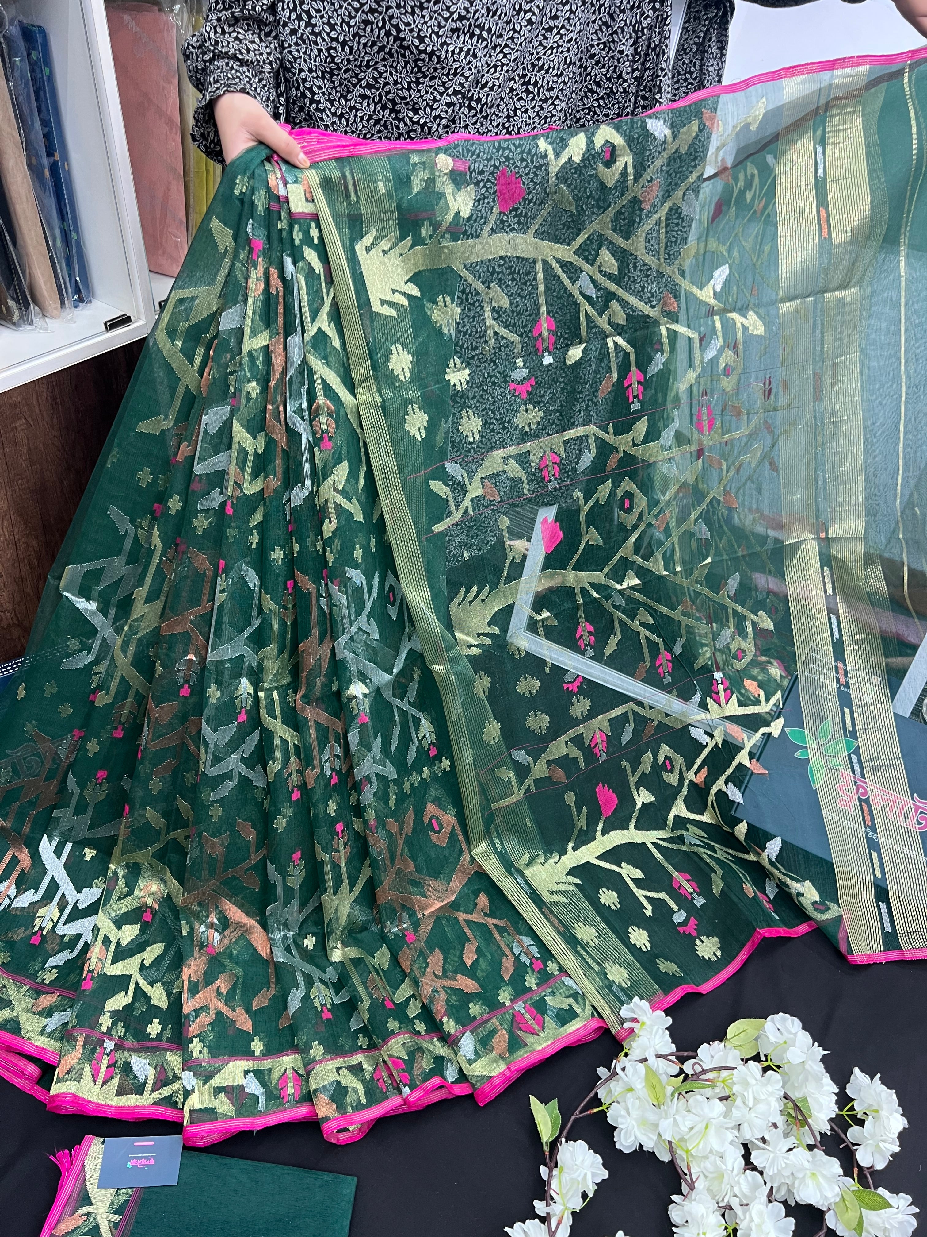 Green Colour Original Handloom Halfsilk Dhakai Jamdani With Golden Silver & Copper Jori Work