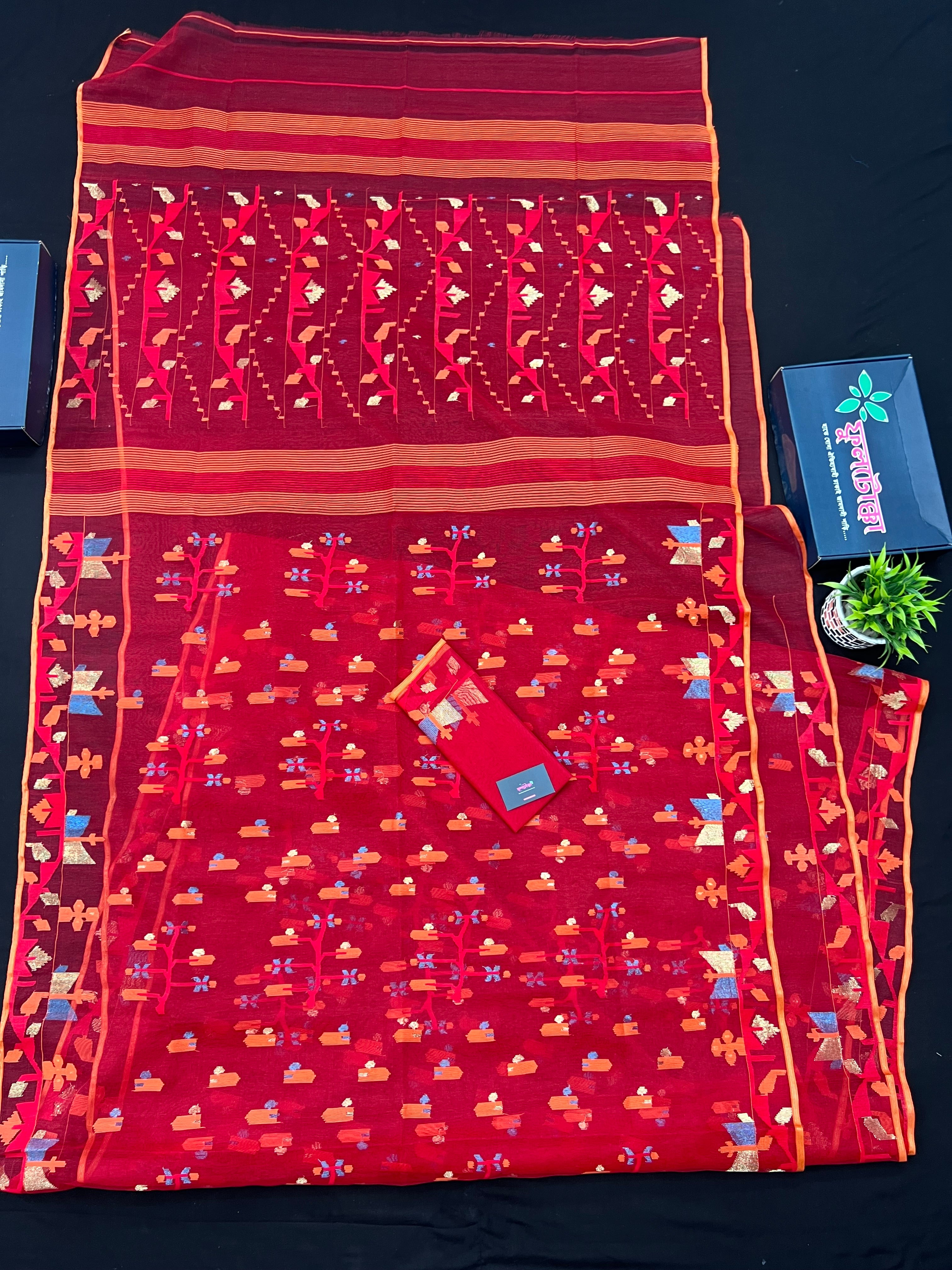 Cherry Red Original Handloom Halfsilk Dhakai Jamdani Saree