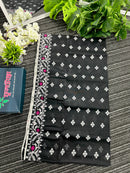 Black cotton jamdani saree with white threads and pink meena work