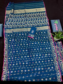 Peacock blue jamdani saree with golden silver copper jori work and pink border