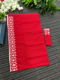Red cotton jamdani saree with white threads work
