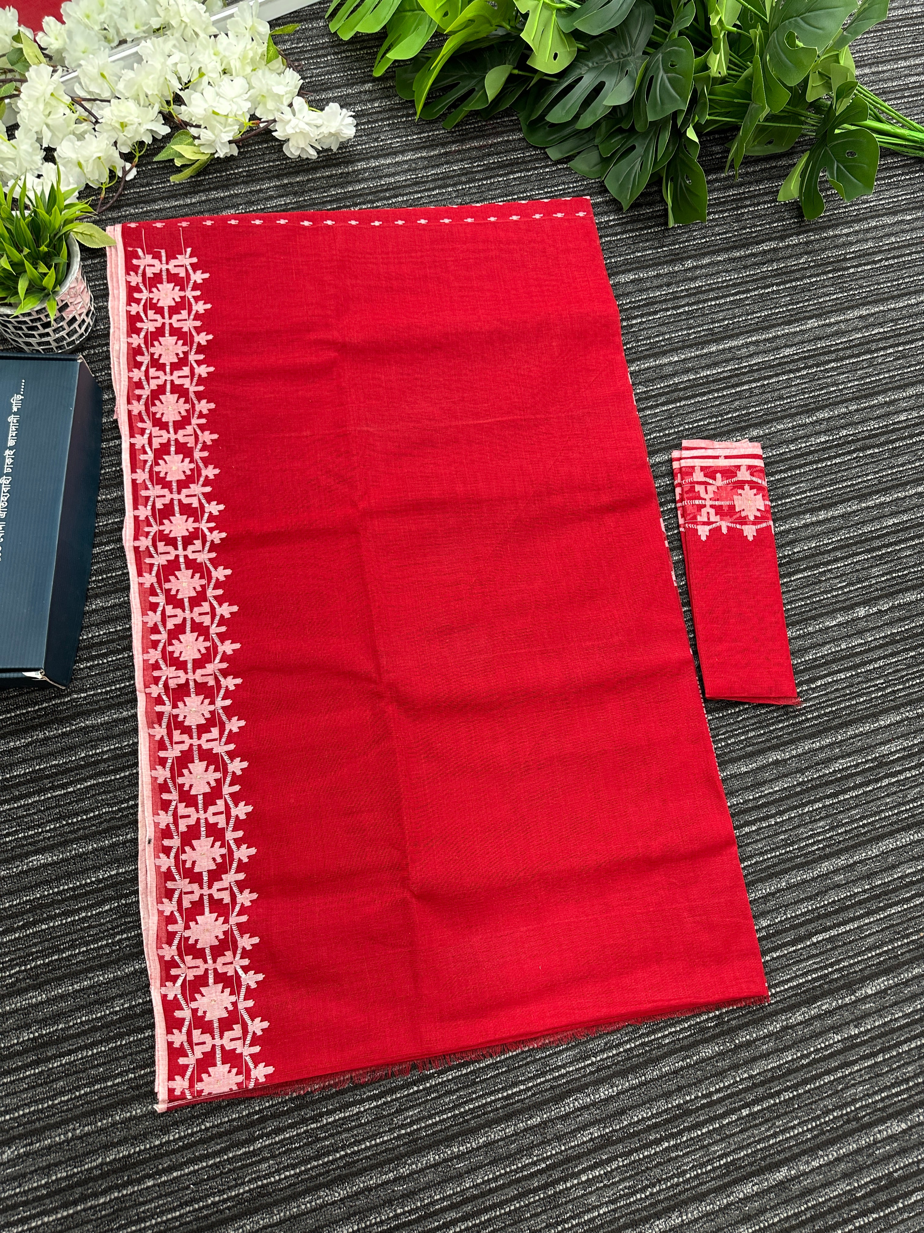 Red cotton jamdani saree with white threads work