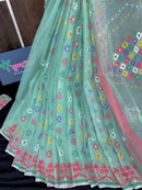 Mint cotton jamdani saree with yellow blue purple red white floral work.