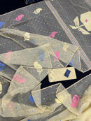 Baby yellow halfsilk jamdani saree with blue pink baby yellow threads work.