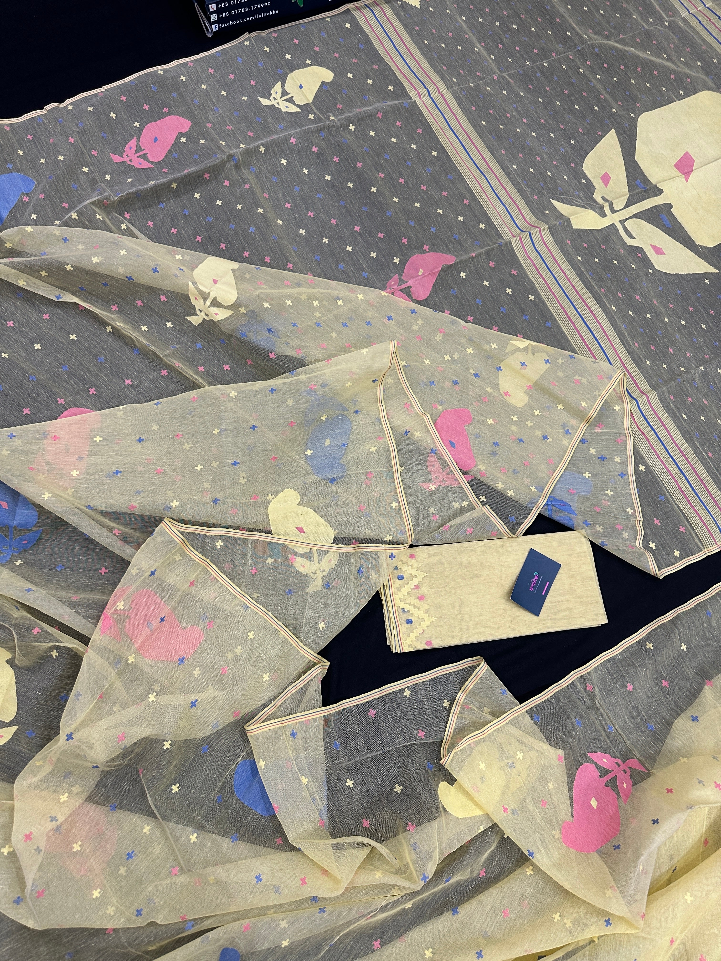 Baby yellow halfsilk jamdani saree with blue pink baby yellow threads work.