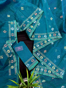 Sea green budget range jamdani saree with golden silver & copper jori work.
