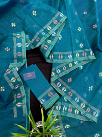 Sea green budget range jamdani saree with golden silver & copper jori work.