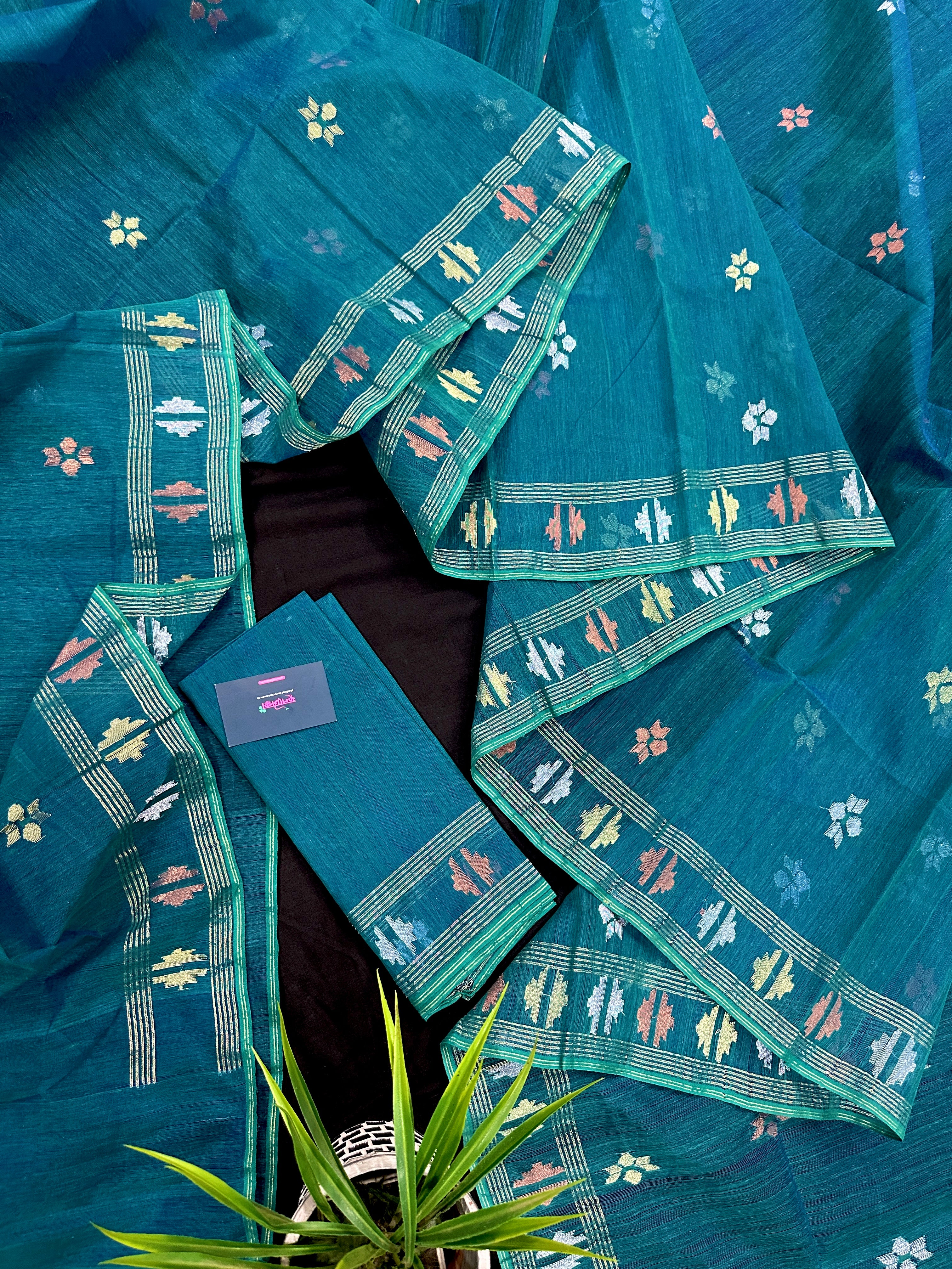 Sea green budget range jamdani saree with golden silver & copper jori work.