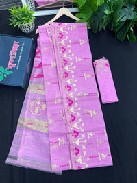 Lux Pink Original Handloom Hslfsilk Dhakai Jamdani Saree With Golden Jori Work and Magenta Threads Work