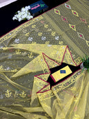 Pastel yellow dhakai jamdani saree with yellow threads silver & copper jori work all over work soft count.