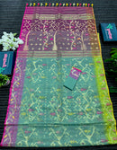 Green exclusive gonga jamuna paar halfsilk jamdani saree with golden jori work and pink meena work
