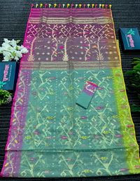 Green exclusive gonga jamuna paar halfsilk jamdani saree with golden jori work and pink meena work