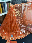 Brick orange halfsilk handloom original dhakai Jamdani saree with golden silver & copper jori work