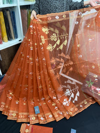 Brick orange halfsilk handloom original dhakai Jamdani saree with golden silver & copper jori work