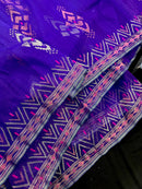 Purple exclusive jamdani saree with golden silver and copper jori work.