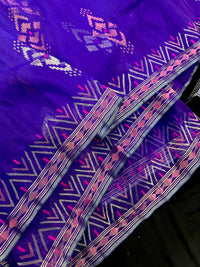Purple exclusive jamdani saree with golden silver and copper jori work.