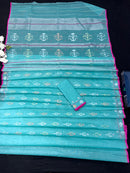Aqua blue halfsilk handloom original dhakai jamdani saree with golden silver & copper jori work