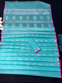 Aqua blue halfsilk handloom original dhakai jamdani saree with golden silver & copper jori work