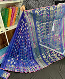 Blue halfsilk jamdani saree with golden silver & copper jori work
