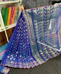 Blue halfsilk jamdani saree with golden silver & copper jori work