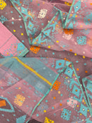 Pink jamdani saree with blue white yellow orange threads work and blouse piece.