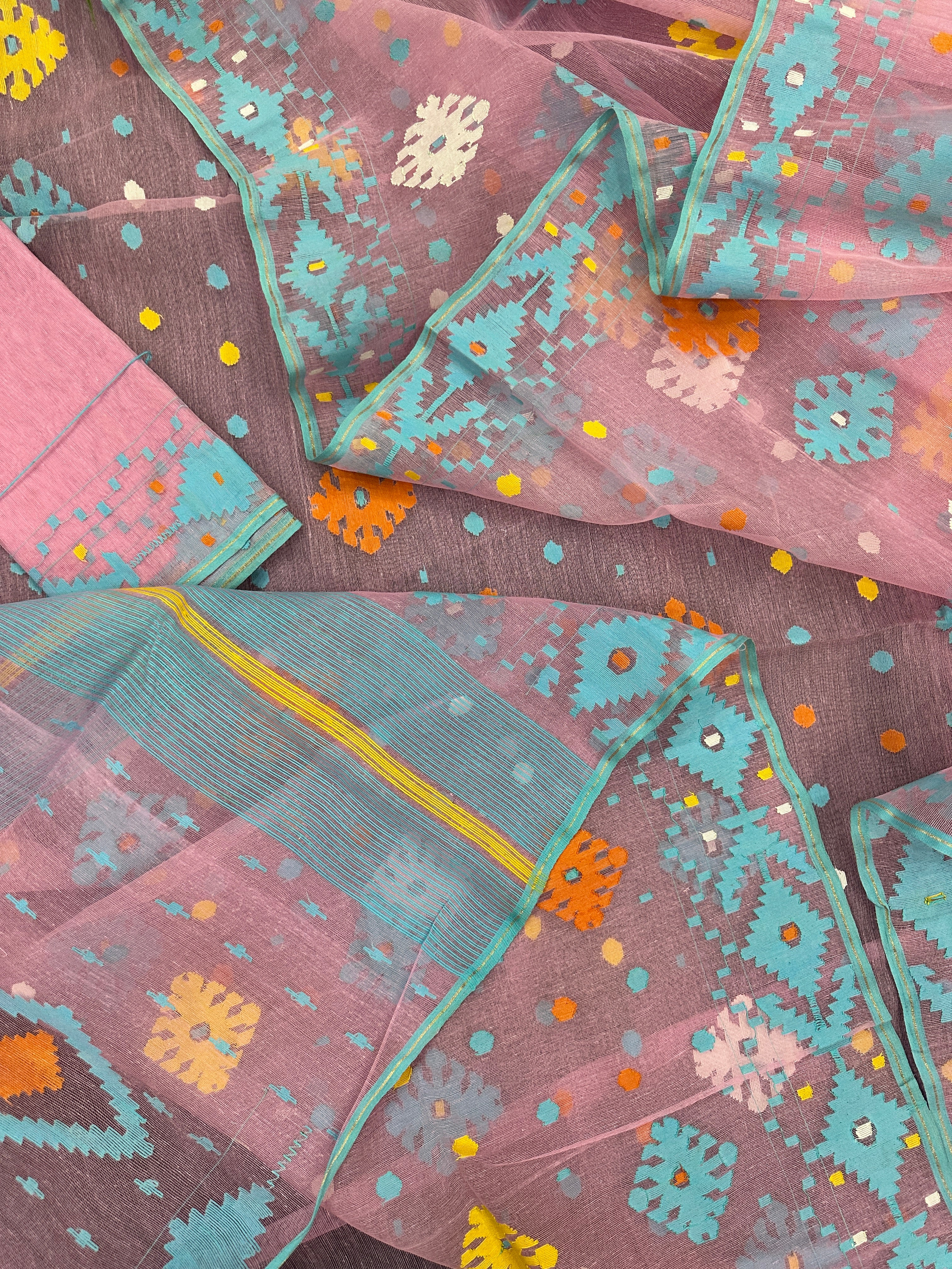 Pink jamdani saree with blue white yellow orange threads work and blouse piece.